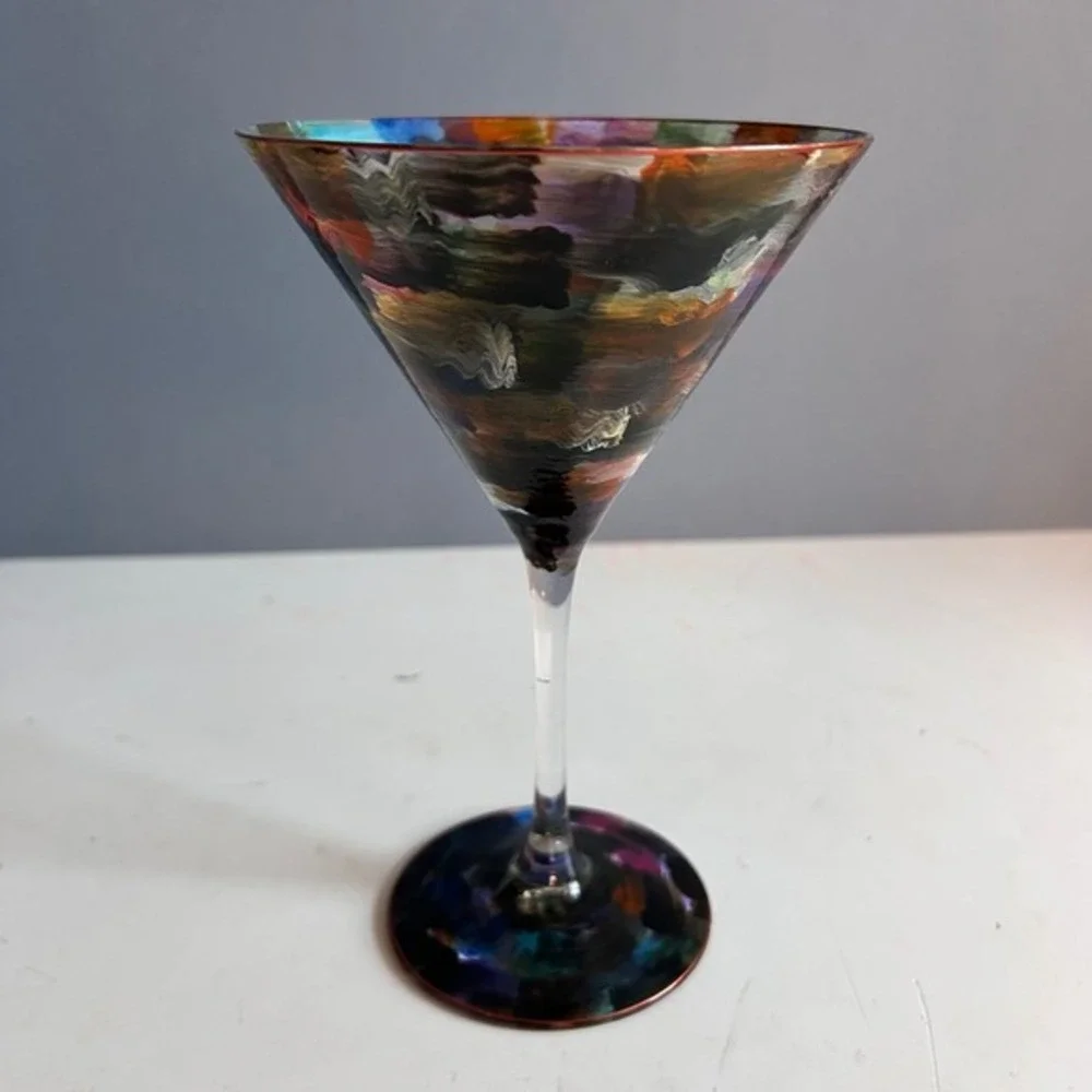 Martini Glasses Hand Painted Colorful Art Glass MCM Cocktail Barware Set Patio‎
